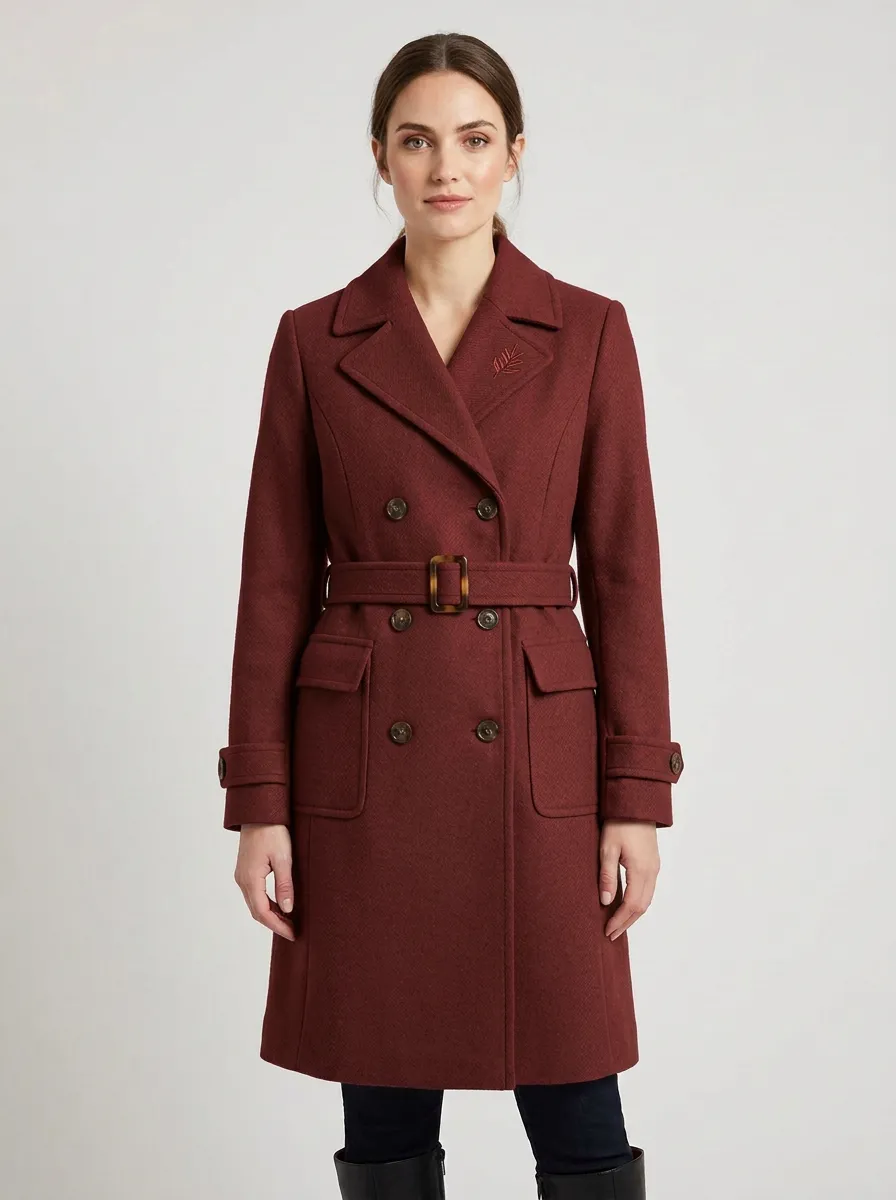 Women's Fern Leaf Embroidered Camel Double-Breasted Wool Coat