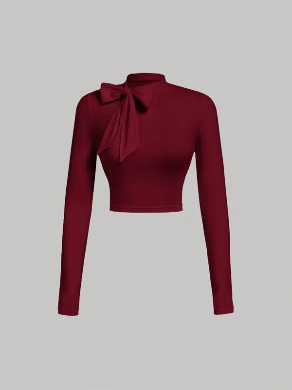 Women's Bow Tie Knot Rib-knit Round-Neck Blouse