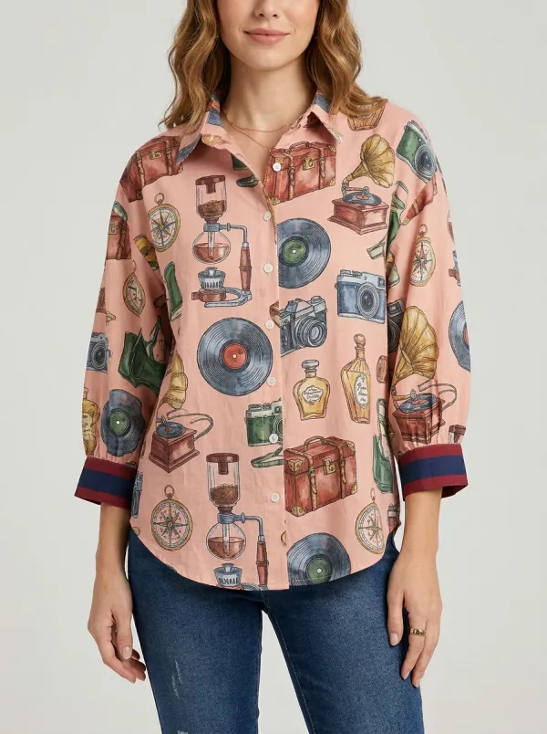 Women's Vintage Travel Hobbyist Retro Object Graphic Shirt