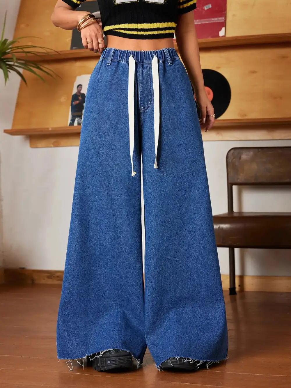 Wide Leg Ripped Drawstring Denim Jeans