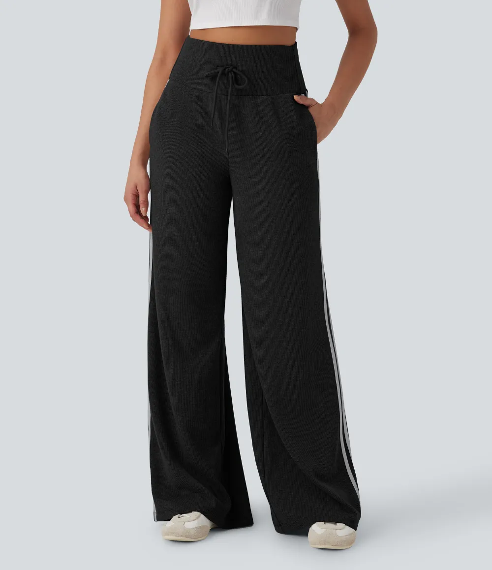 2026🔥  Ribbed SoCinched High Waisted Tummy Control Drawstring Wide Leg Color Block Casual Trousers with Pockets