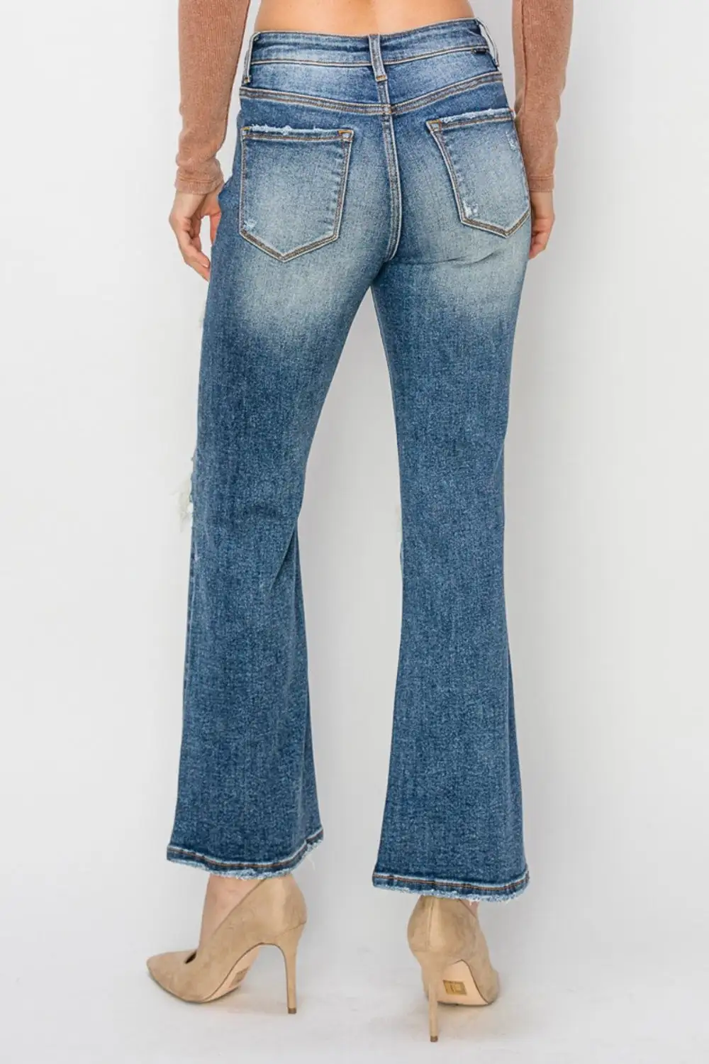 High Rise Distressed Ankle Flared Denim Jeans