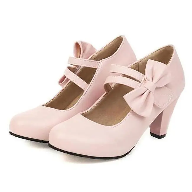 Bow Accent Round Toe Chunky Heel Pumps