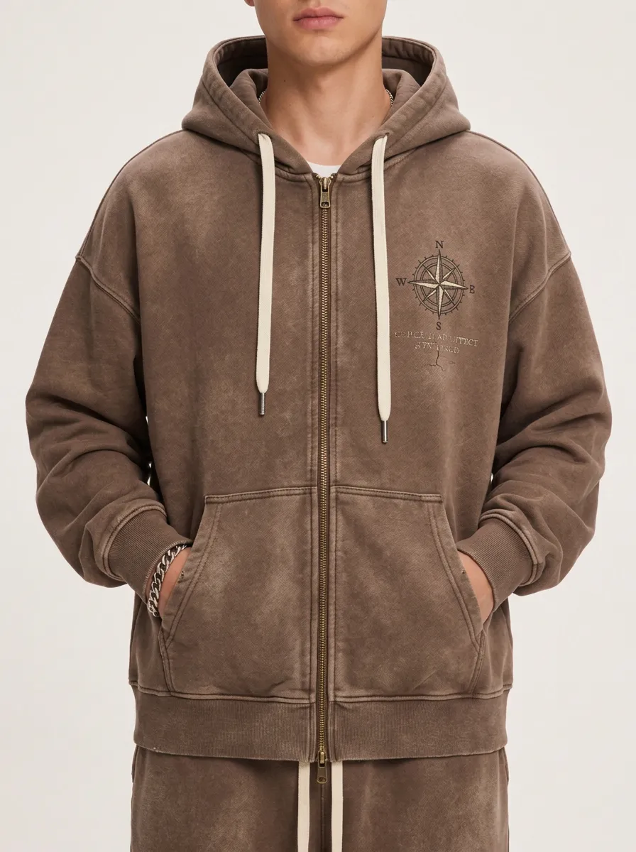 Men's Vintage Adventure Compass Printed Zip-up Hoodie
