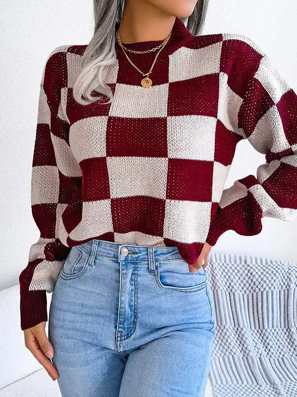 Plaid Round Neck Long Sleeve Relaxed Fit Sweater
