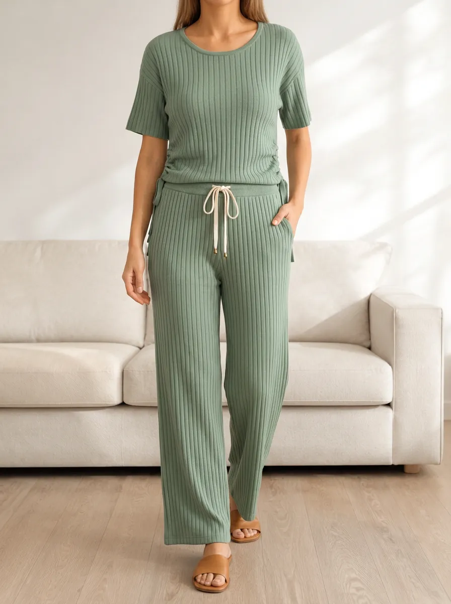 Women's Drawstring Lounge Wide Leg Pants Set