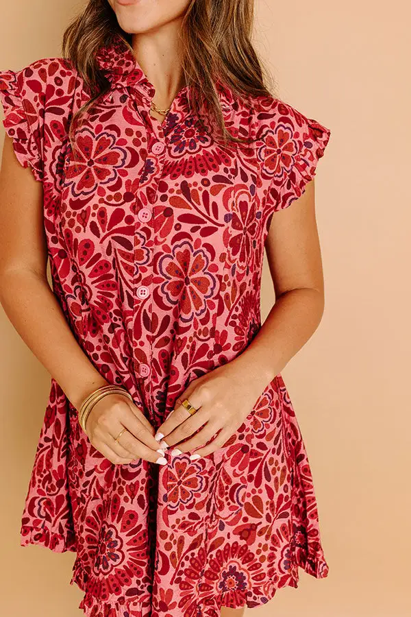 Ruffled Floral Collared Short Sleeve Relaxed Mini Dress