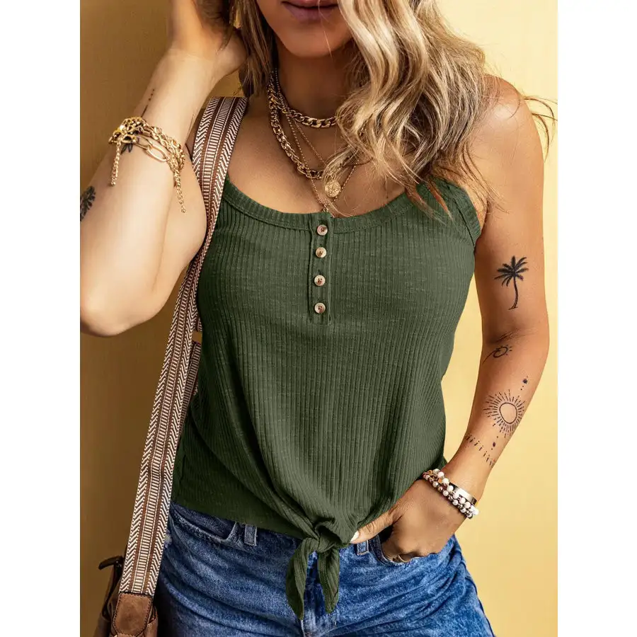 Full Size Ribbed Button Front Tie Hem