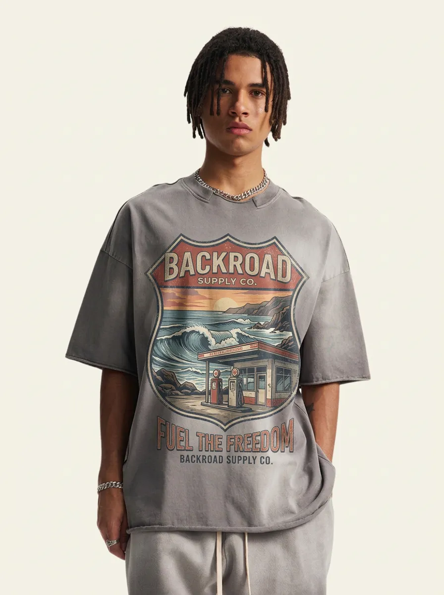 Men's Vintage Road Trip Gas Station Ocean Printed T-shirt