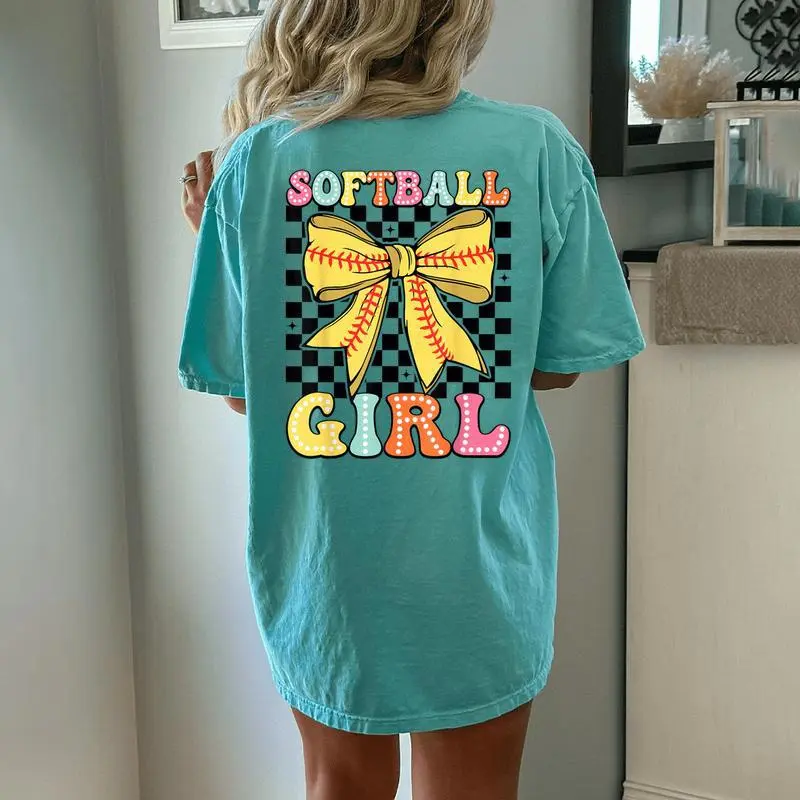 Groovy Softball Girl Coquette Bow Softball Girls Women Women's Oversized Comfort T-Shirt Back Print