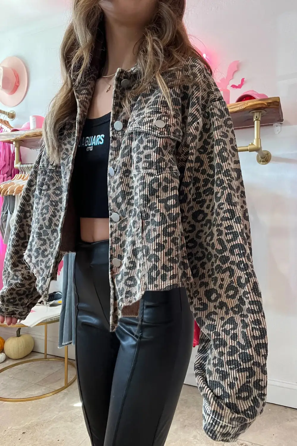 Women's Leopard Print Corduroy Irregular Hem Buttoned Jacket