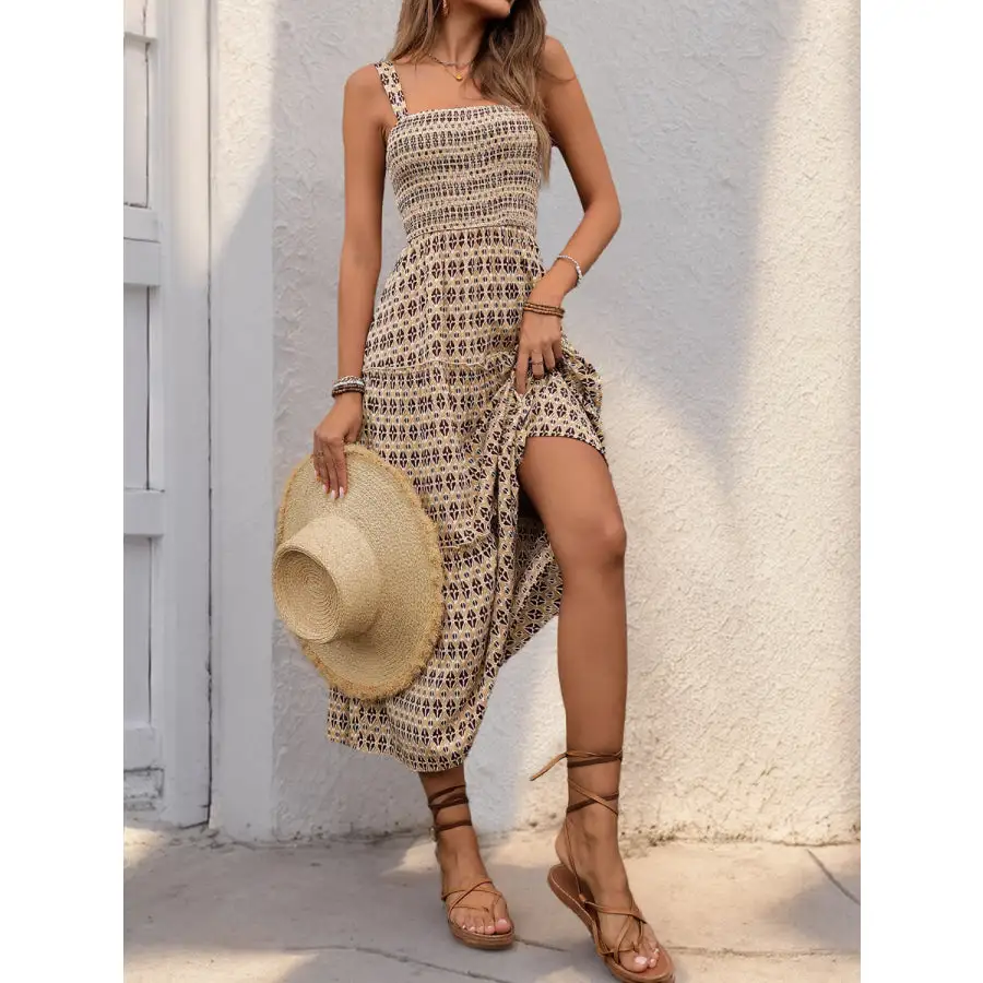 Printed Tiered Wide Strap Midi Dress