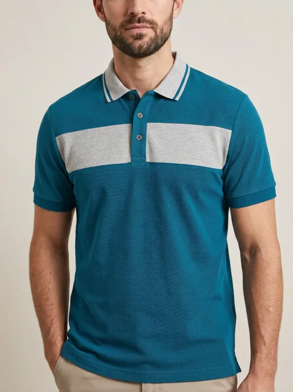 Men's Casual Navy Grey Colorblock Striped Polo Shirt