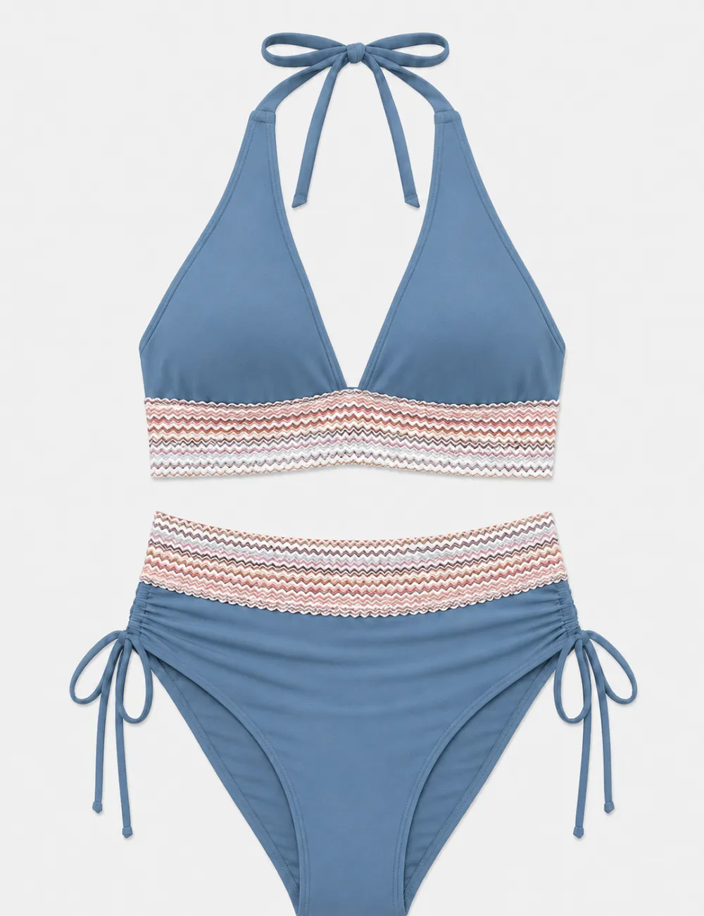 Deep V Neck Colorful Zigzag Smocked Trim Bikini Set