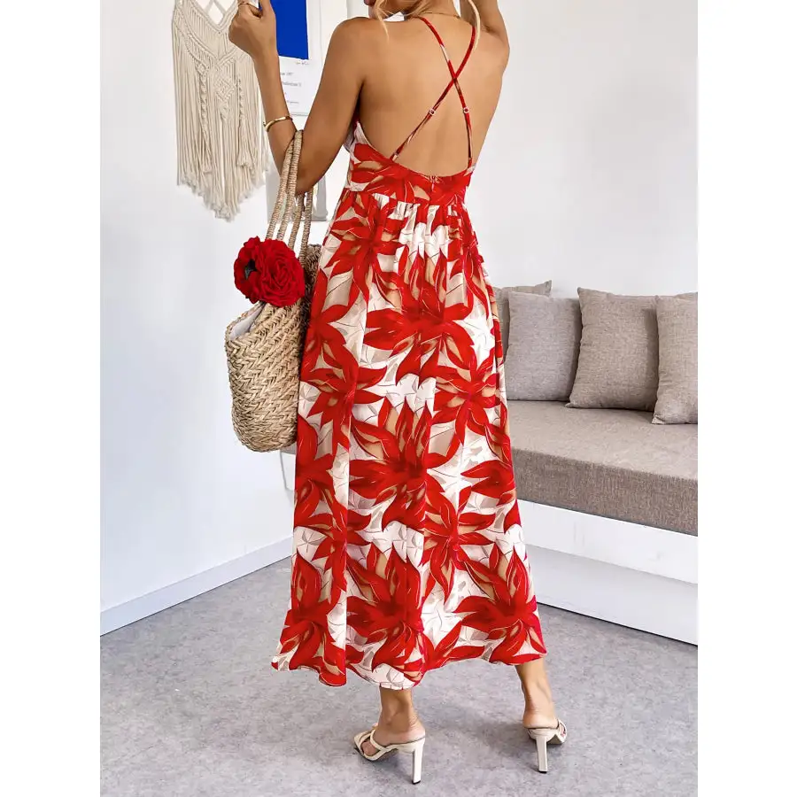 Crisscross Back Printed Midi Dress with Cutout Detail