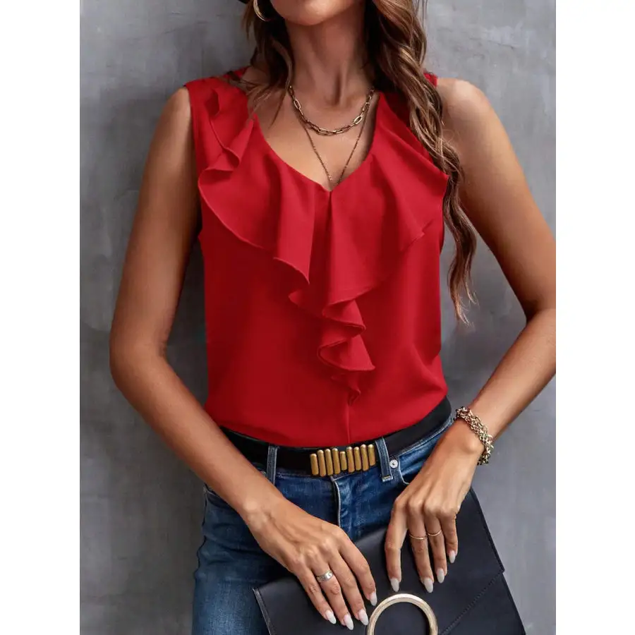 Cozy Ruffled V Neck Tank