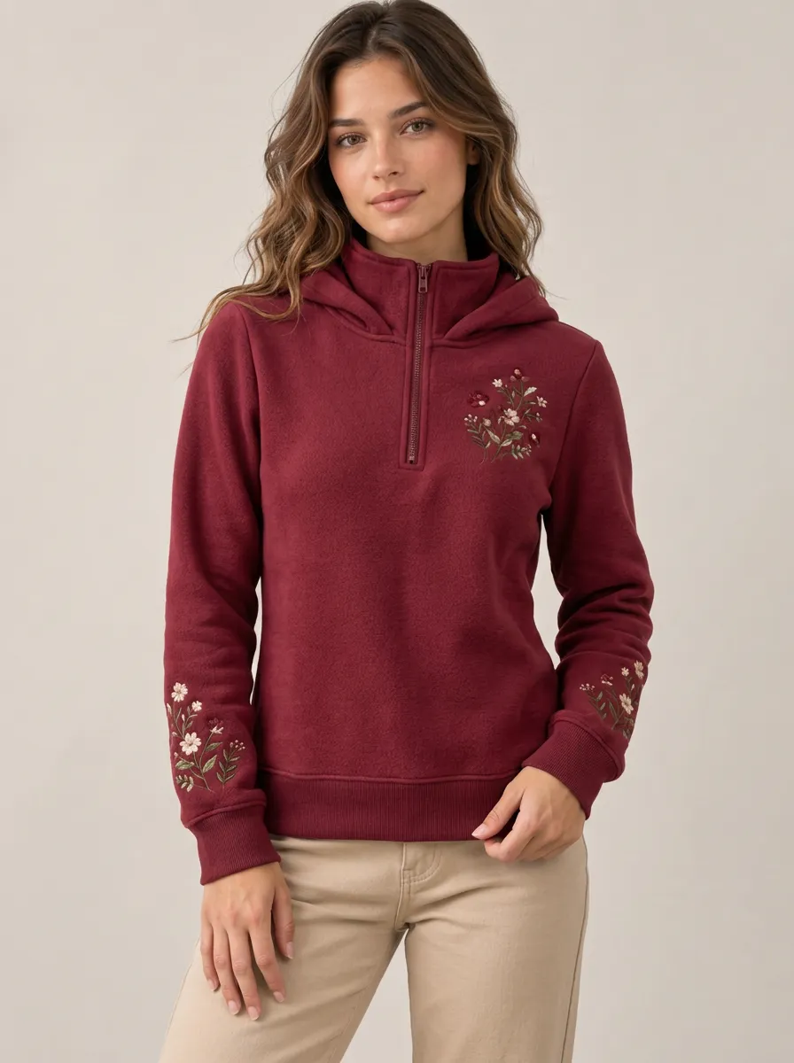 Women's Floral Embroidered Quarter Zip Nature Inspired Everyday Hoodie
