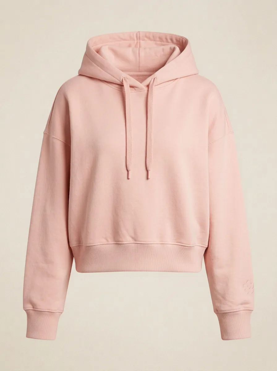 Women's Minimalist Solid Cream Flower Embroidered Hoodie