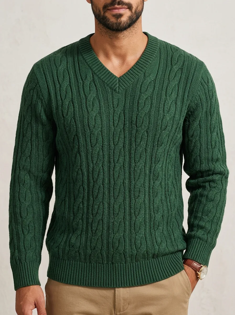 Men’s Ribbed Cable-Knit V-Neck Sweater