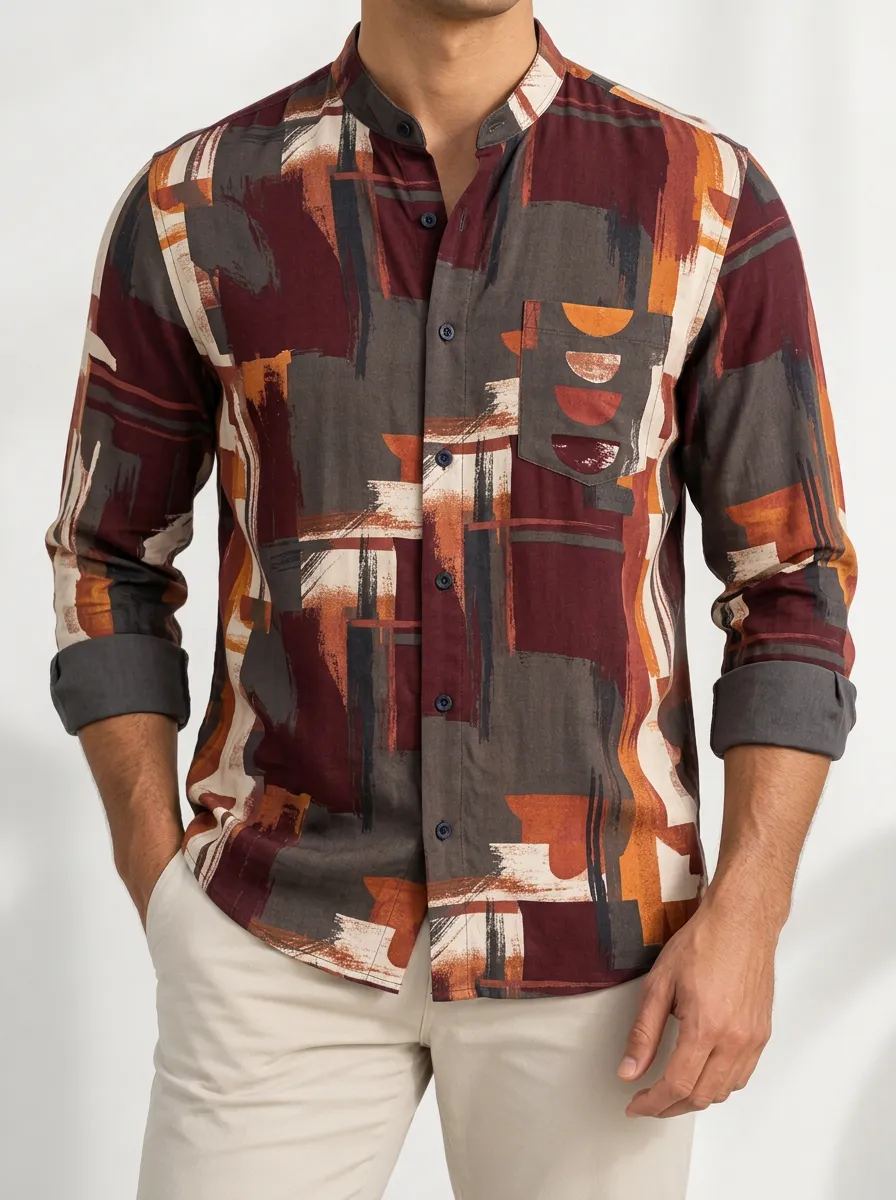 Men's Geometric and Abstract Mandarin Collar Printed Shirt