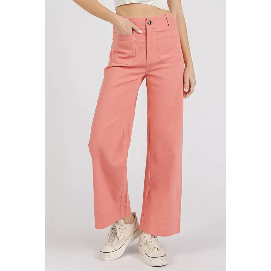 Classic Twill Patch Pocket High Rise Wide Leg Pants