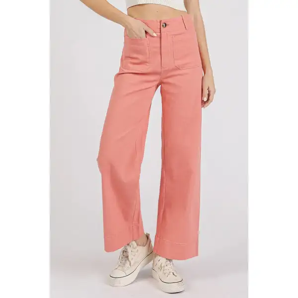 Classic Twill Patch Pocket High Rise Wide Leg Pants