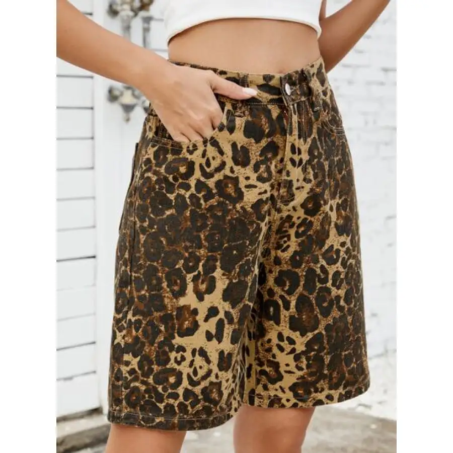 High Waist Pocketed Leopard Pattern Denim Shorts