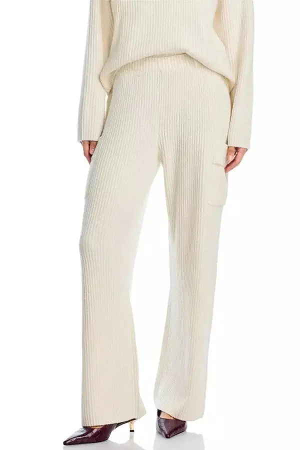 Off-White Ribbed Knit Wide-Leg Pants