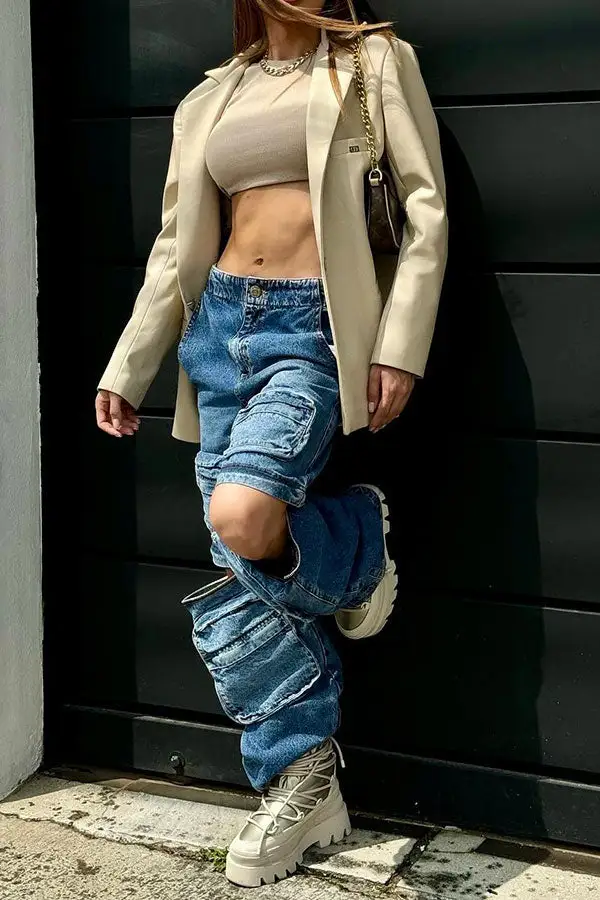 Blue Retro Multi-Pocket Zip-Up Detachable Jeans