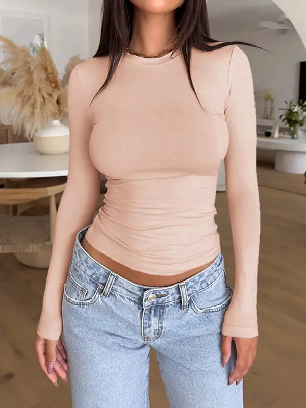 Long Sleeve Slim Fit Panel Detail Round Neck T-Shirt