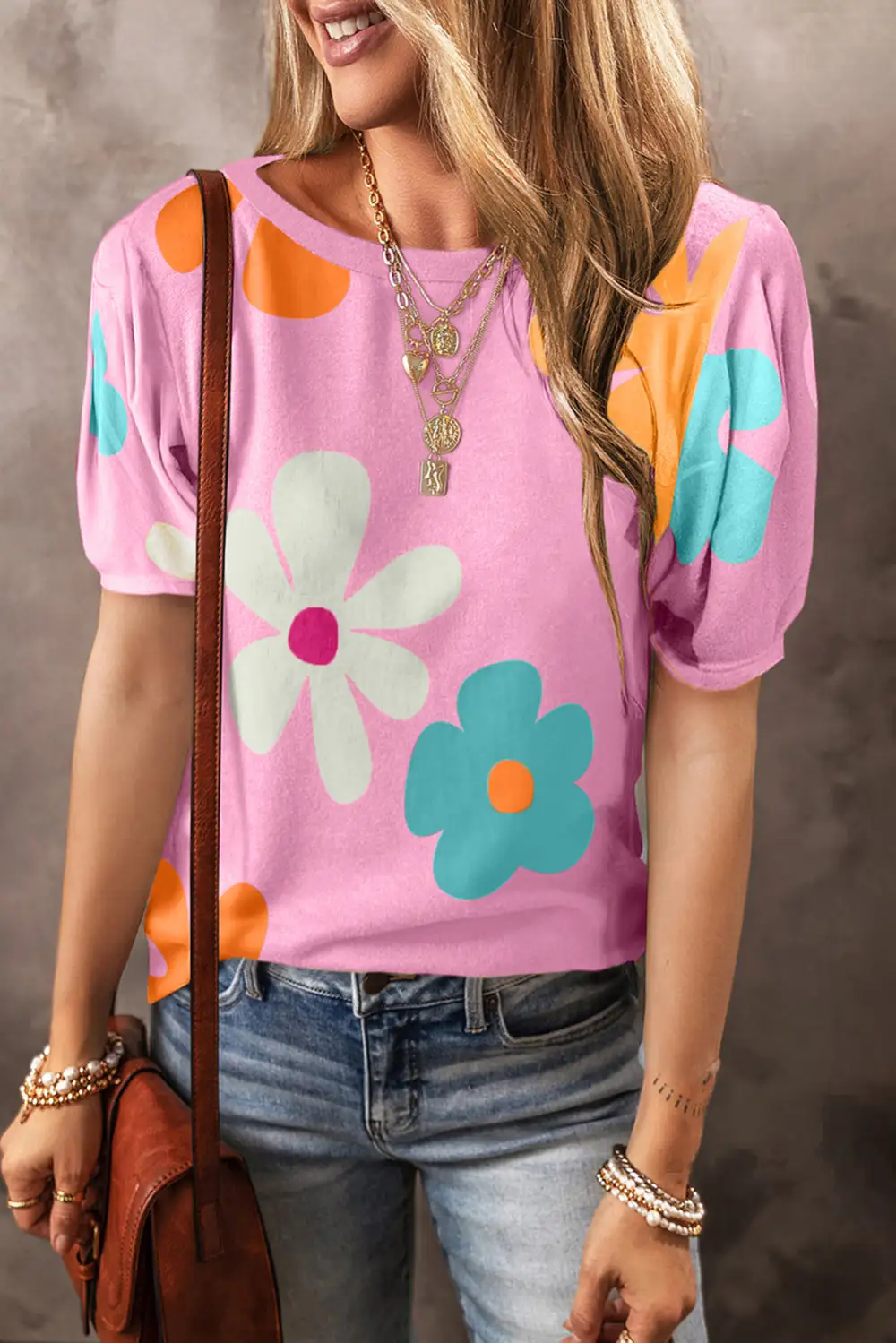 Pink Flower Print Bubble Sleeve