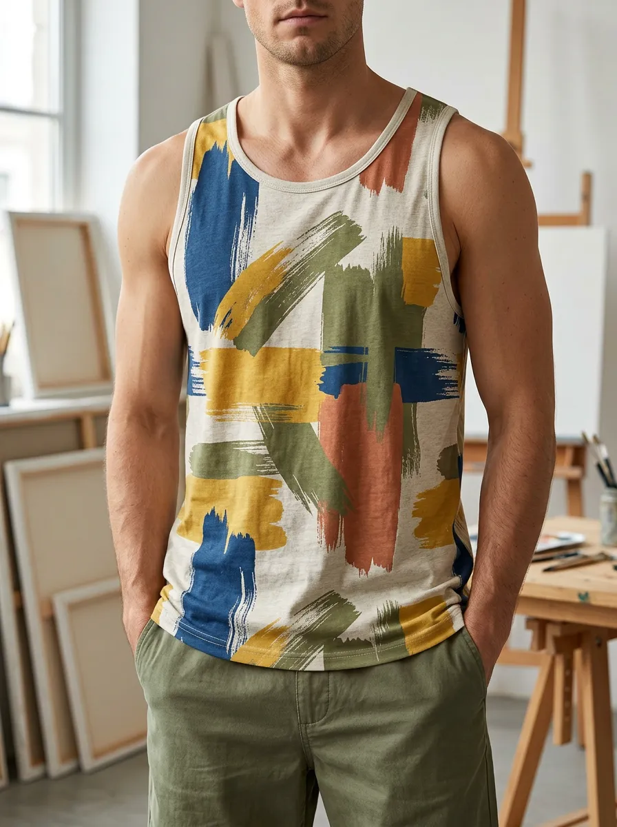 Men's Abstract Art Brushstroke Scoop Neck Tank Top