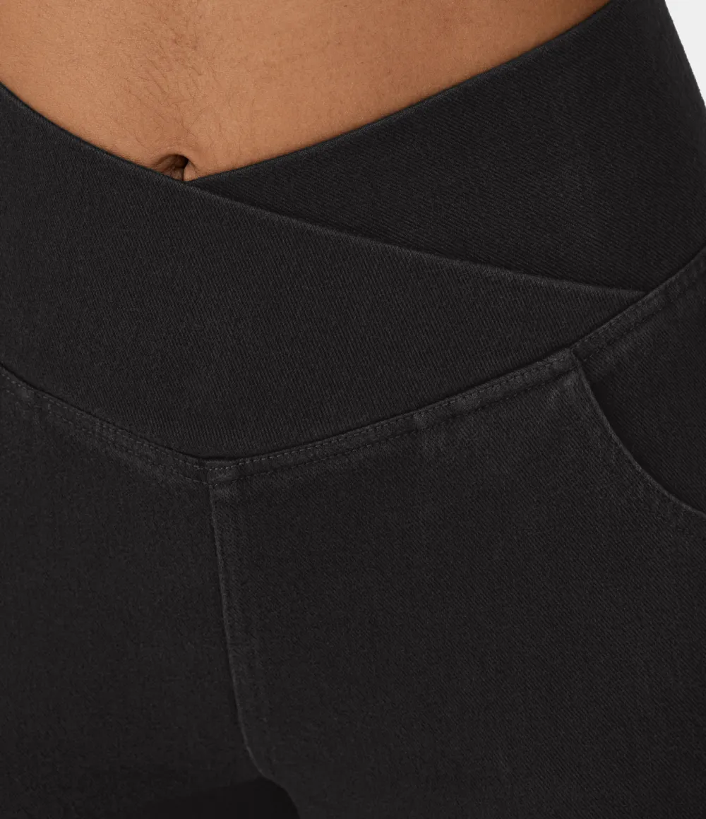 Magic High Waisted Crossover Pocket Washed Stretchy Knit Casual Super Flare Jeans