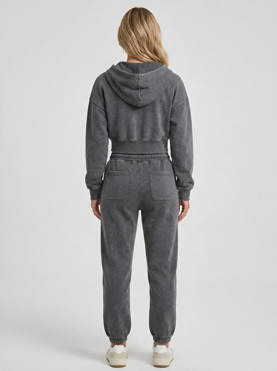 Vintage-Wash Women's Cropped Zip-Up Hoodie Jogger Active Set
