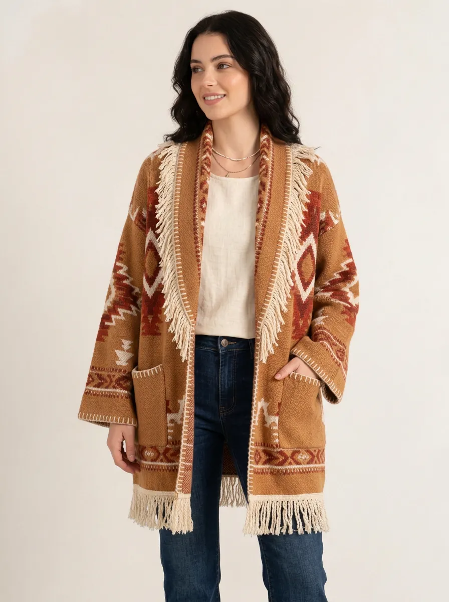 Women's Southwestern Pattern Fringe Cardigan Relaxed-Fit