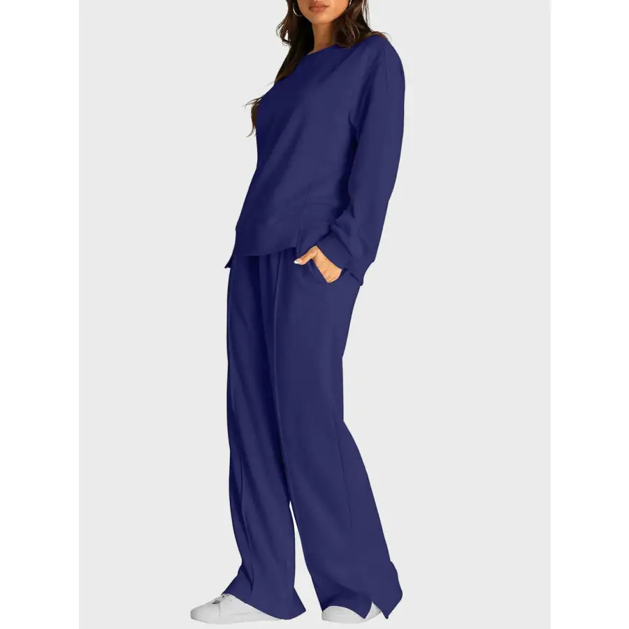 Round Neck Long Sleeve Top and Slit Pants Set