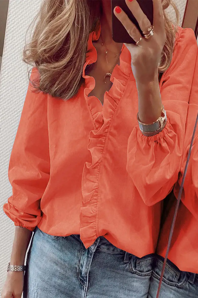 Ruffled Smooth V-Neck Blouse