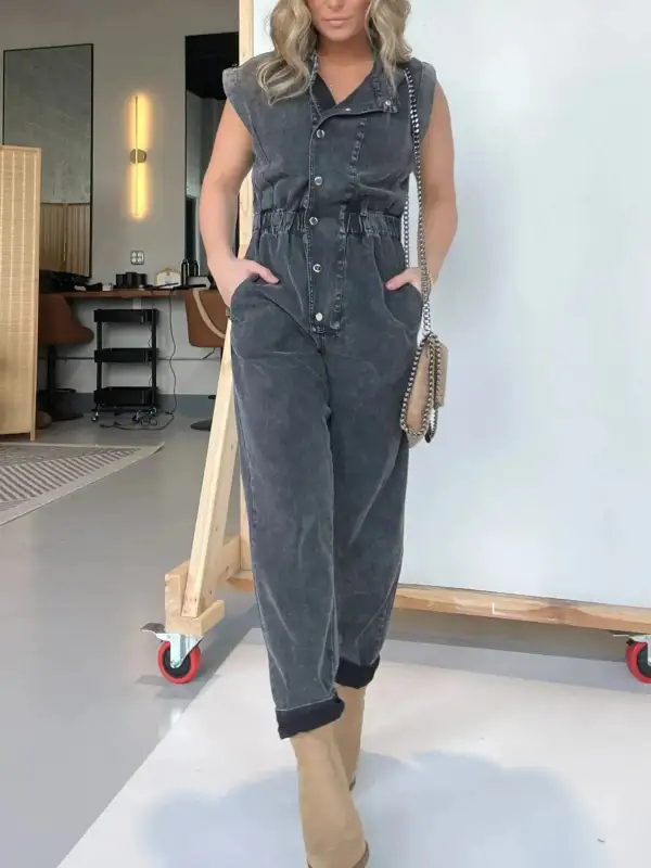 Modern Denim Button Front Jumpsuit