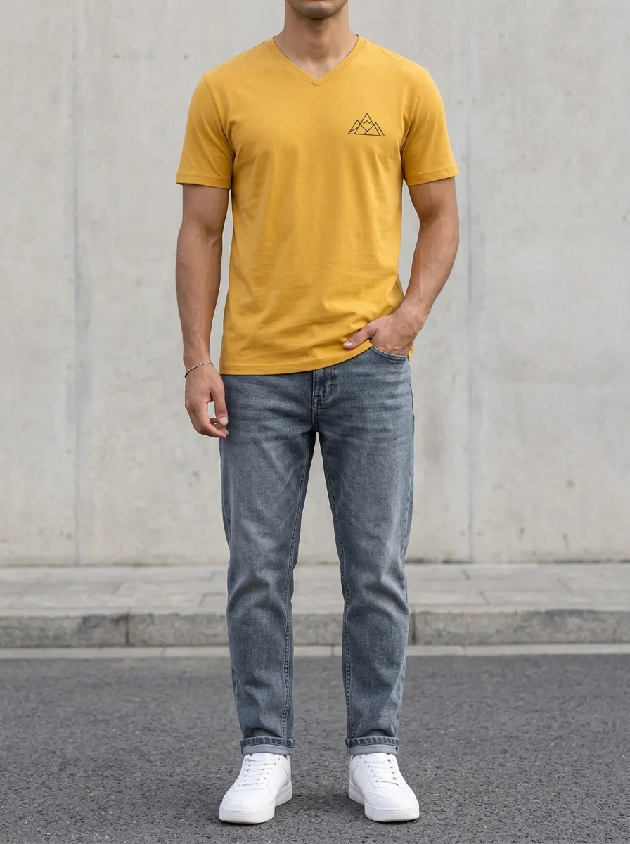 Men's Mountain Lover Mustard V-Neck Printed T-Shirt and Jeans Set