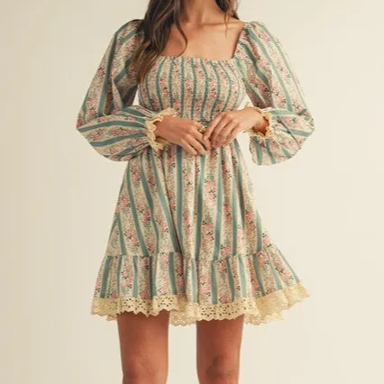 Classic Floral Lace Detail Smocked Ruffle Detail Dress