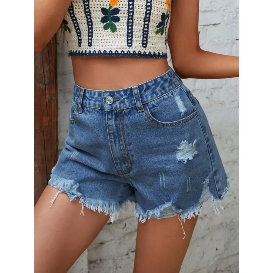 Textured Distressed Raw Hem Denim Shorts