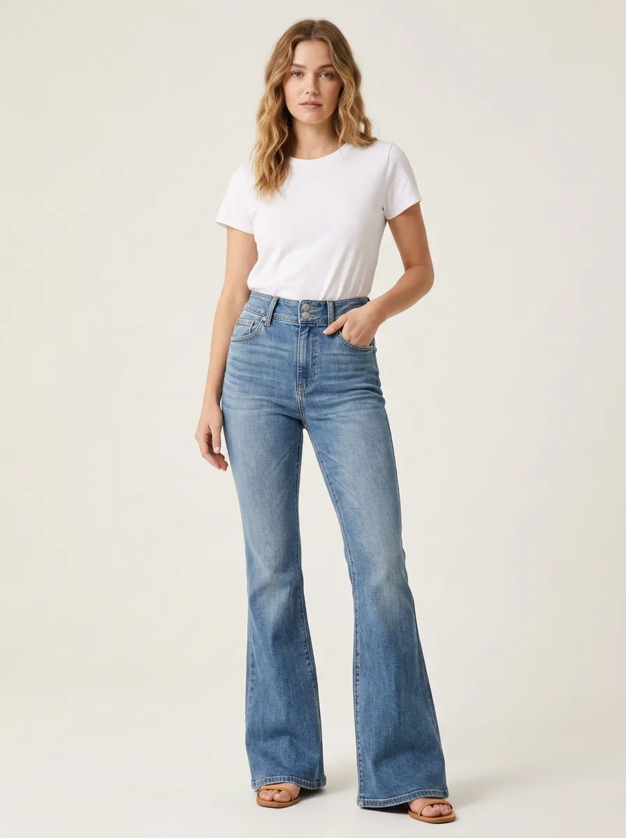 Contoured Double Button Flare Jeans