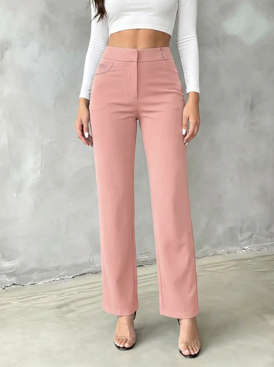 Women's Classic Comfort Rhinestone Pocket Mid Rise Straight Leg Pants