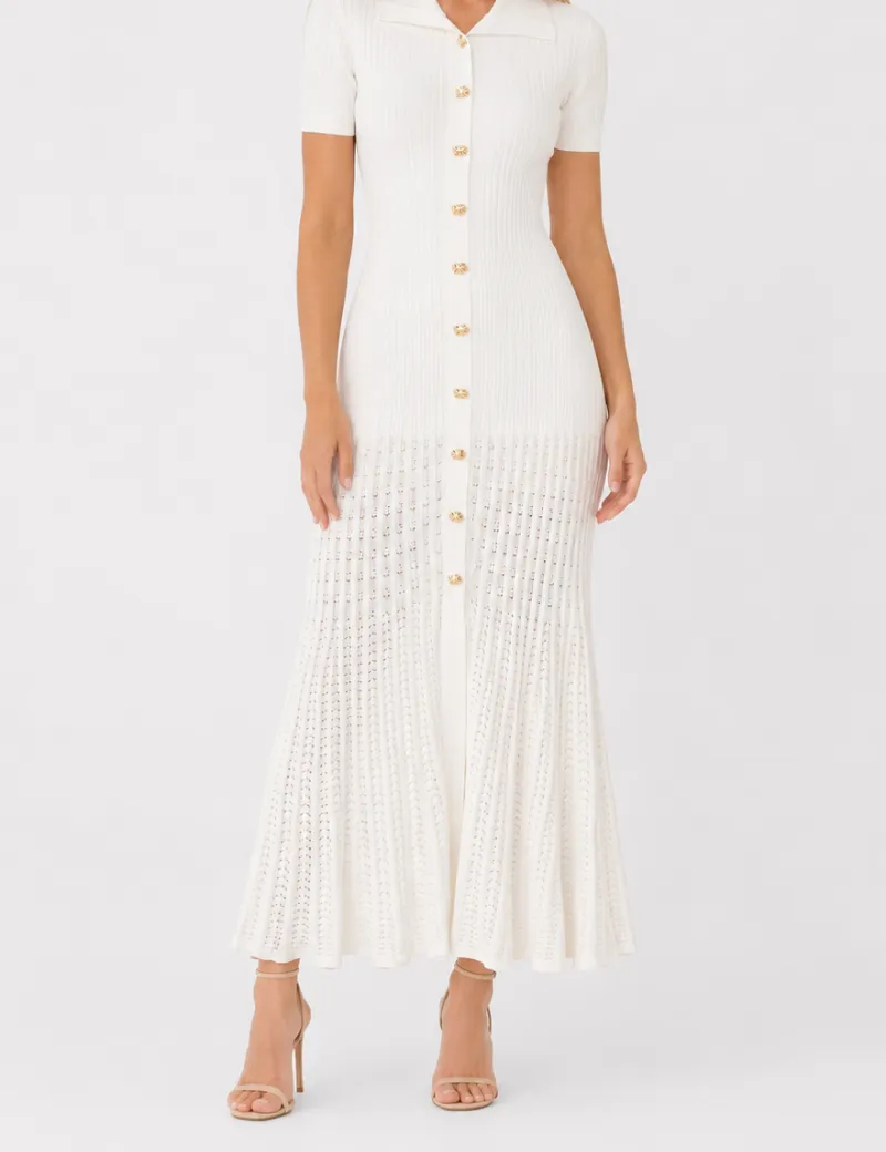 Chic Ribbed Polo Collar Short Sleeves Maxi Dress