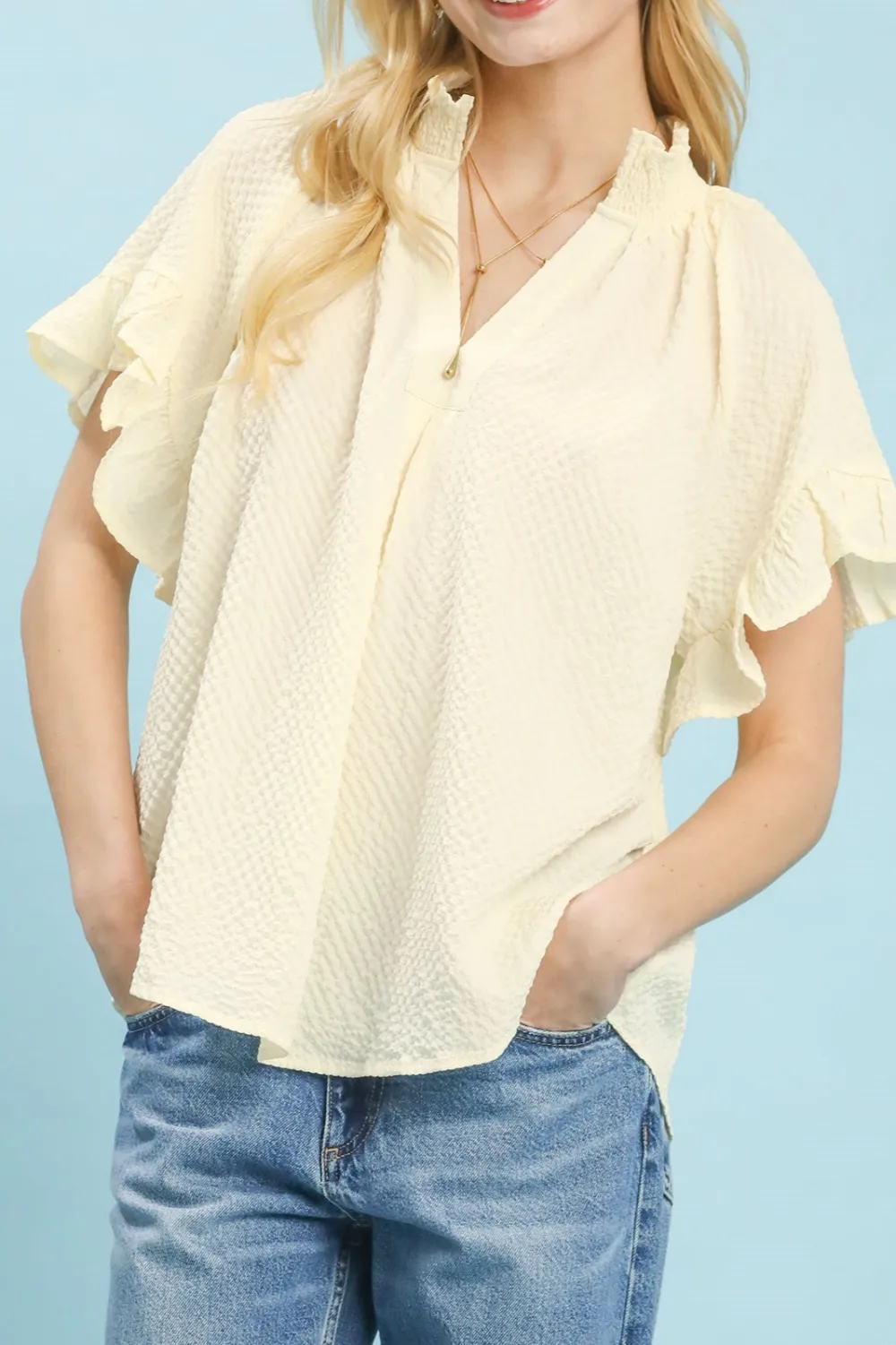 Polyester Textured Ruffle Sleeve Blouse