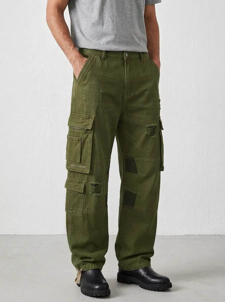 Men's Ridge Distressed Denim Multi-Pocket Cargo Jeans