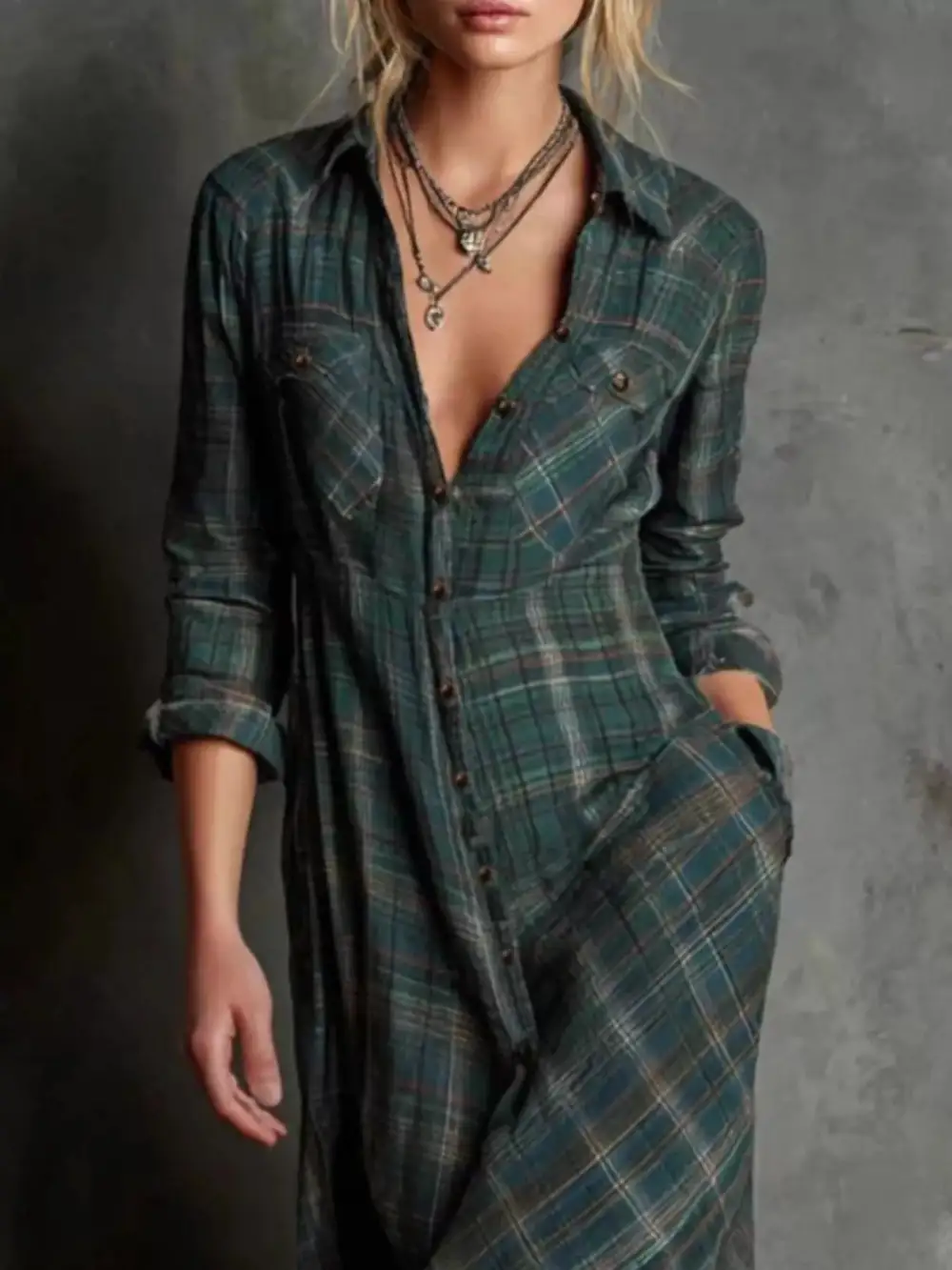 Drape Plaid Button Front Maxi Dress