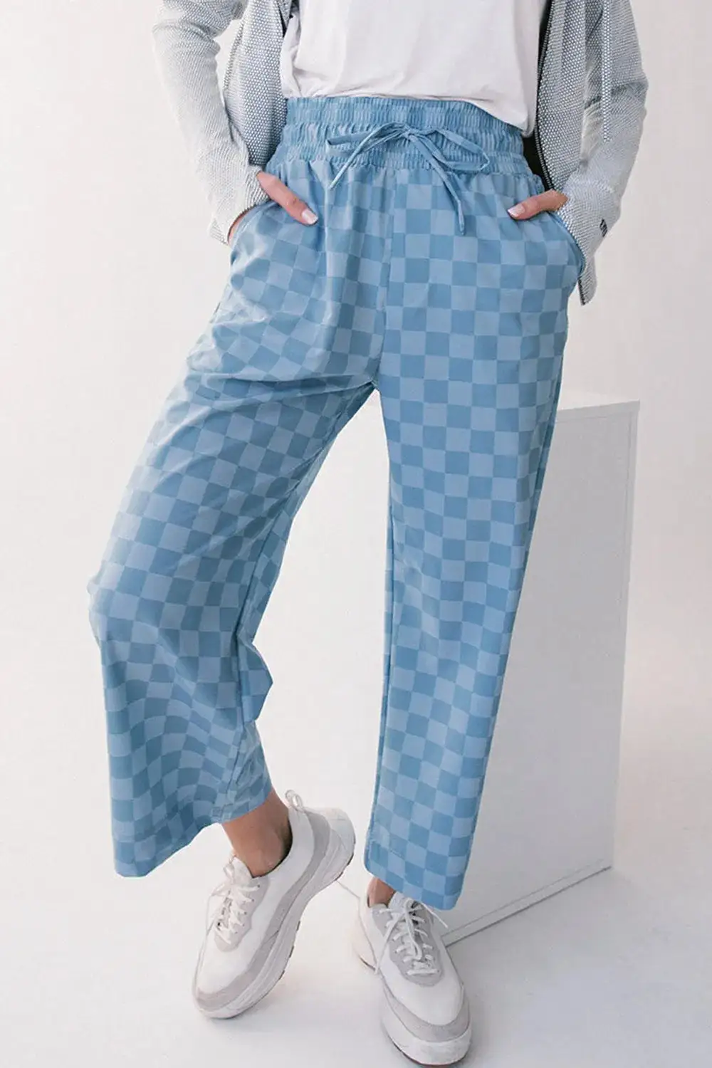 Checkered Elastic High Waist Loose Pants