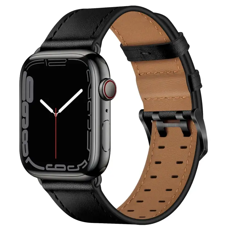 Double Buckles Leather Watch Band for Watch Series 9 & 8 & 7 41 mm / SE 3 & SE 2 & 6 & SE & 5 & 4 40 mm / 3 & 2 & 1 38 mm - Black Black Buckle