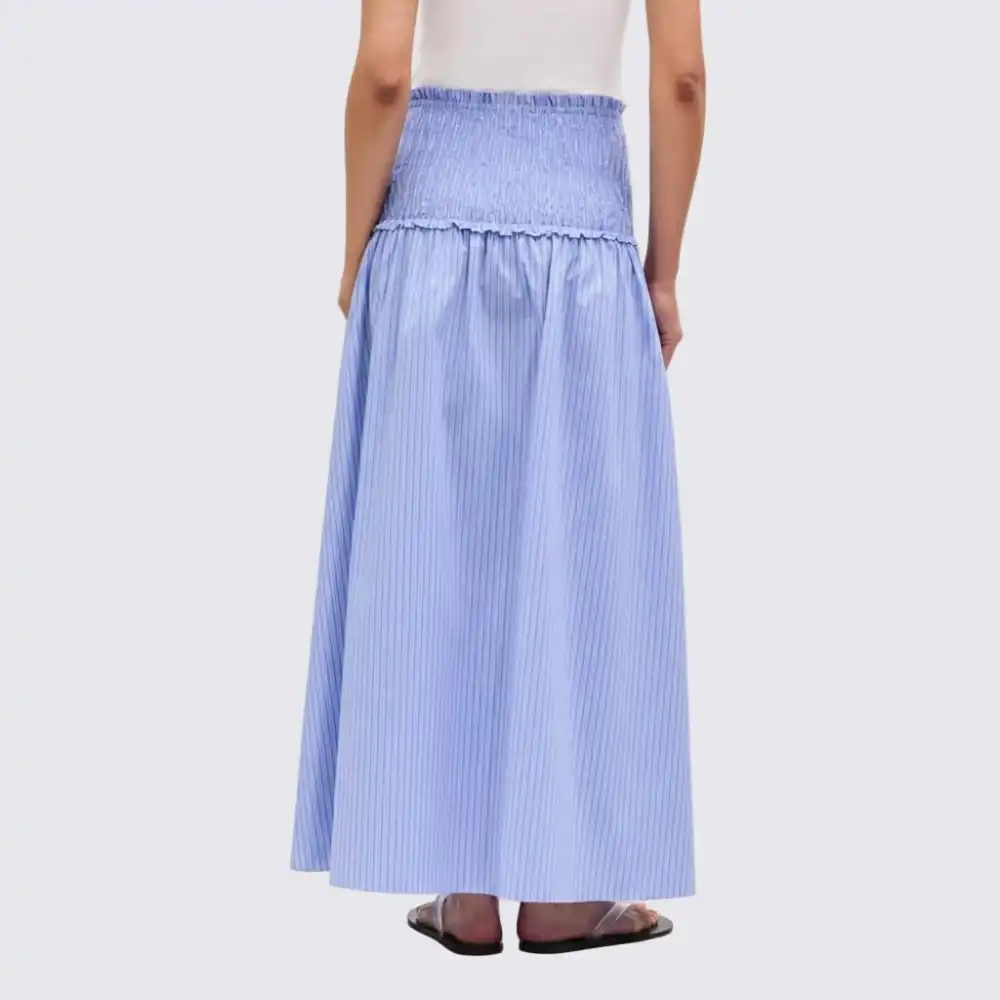 Shirred Waist Striped Midi Skirt
